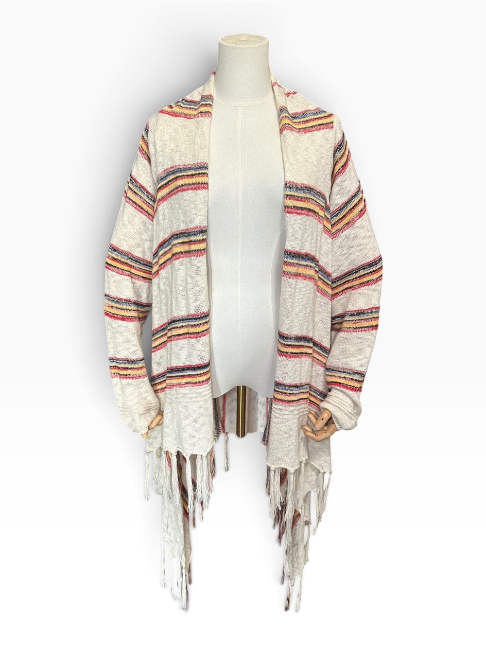 RXB Cream Open-Front Fringe Cardigan with Multicolor Stripes - Picture 2 of 8
